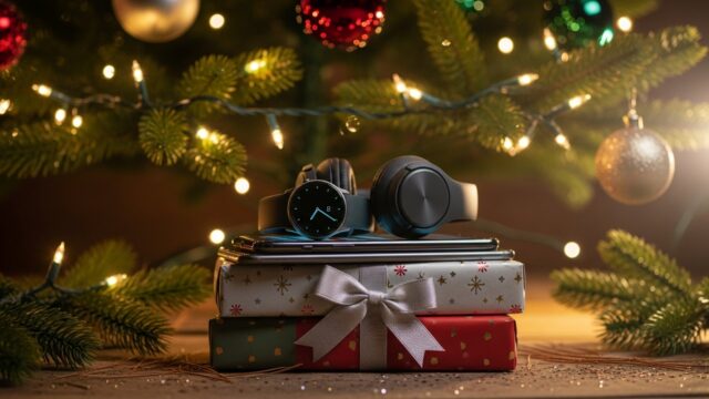 Illustrazione festiva di una pila di gadget tech (smartphone, smartwatch, cuffie) impacchettati sotto un albero di Natale illuminato.