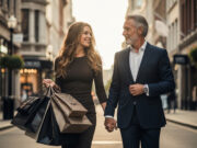 Amore come business: giovani donne e anziani benestanti, solo per i soldi Una coppia composta da una giovane donna e un anziano uomo benestante, durante lo shopping