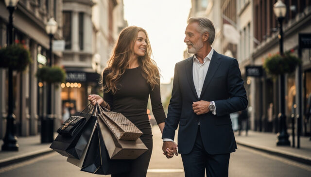 Una coppia composta da una giovane donna e un anziano uomo benestante, durante lo shopping
