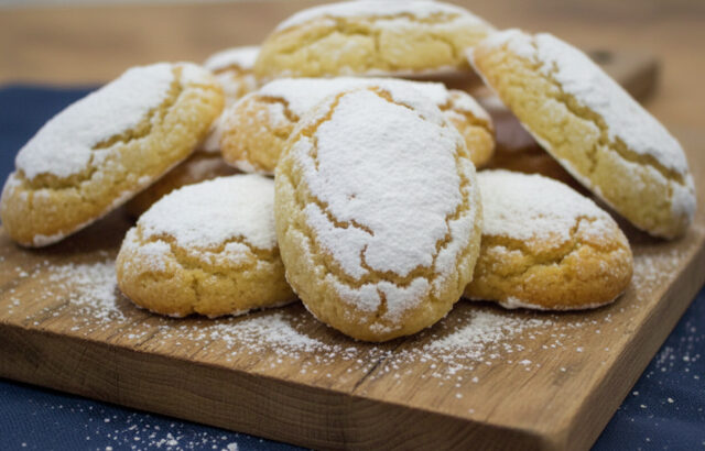Biscotti ricciarelli freschi di mandorle, ricoperti generosamente di zucchero a velo.