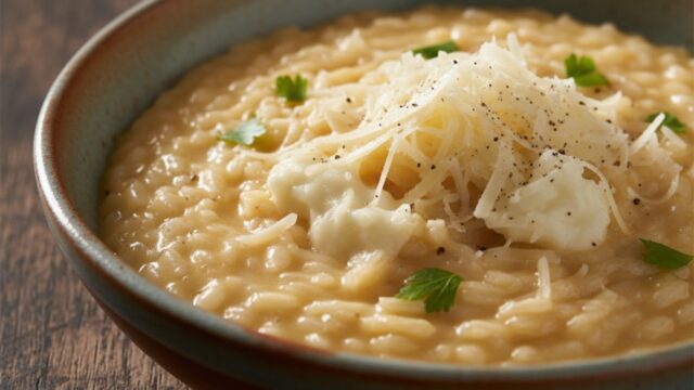 Cremoso risotto veloce impiattato in una ciotola di ceramica, mantecato alla perfezione con parmigiano grattugiato.