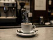 Il codice del caffè a Napoli: decifrare il galateo segreto della tazzina Una tazzina di caffè fumante su un piattino, con un cucchiaino, in un bar storico di Napoli, a simboleggiare il rito.