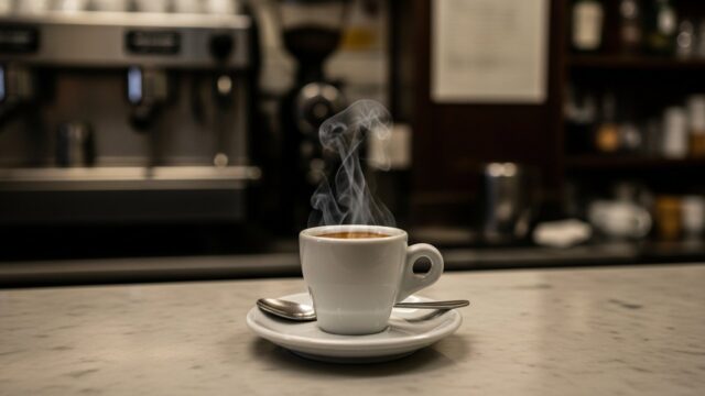Una tazzina di caffè fumante su un piattino, con un cucchiaino, in un bar storico di Napoli, a simboleggiare il rito.