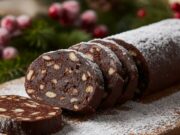 Il salame di cioccolato più ricco e goloso, perfetto per le feste di Natale Salame di cioccolato ricco e compatto, affettato su tagliere rustico, spolverato di zucchero a velo natalizio.