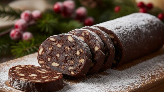 Salame di cioccolato ricco e compatto, affettato su tagliere rustico, spolverato di zucchero a velo natalizio.