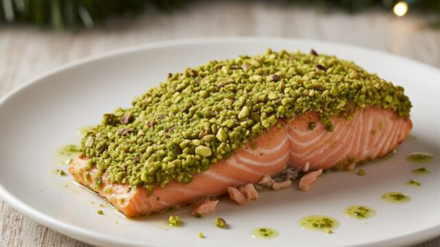 Filetto di salmone glassato in crosta croccante di pistacchio, servito elegantemente come secondo piatto di Natale.