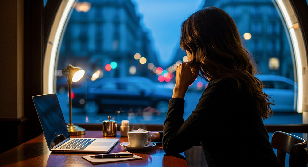 Vista posteriore di una donna con capelli mossi seduta in un caffè elegante al crepuscolo, davanti a un laptop aperto con una tazzina di caffè sul tavolo