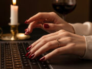 La doppia vita di Aurora, l’autrice di storie proibite che ha scalato le classifiche mondiali restando nell’ombra Dettaglio ravvicinato di mani femminili curate con smalto bordeaux che sfiorano la tastiera di un laptop in un'atmosfera intima e raffinata