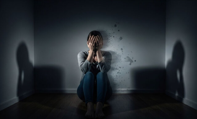 Illustrazione concettuale della Sindrome di Cotard, con una figura umana in penombra che si dissolve, simboleggiando la negazione dell'esistenza.