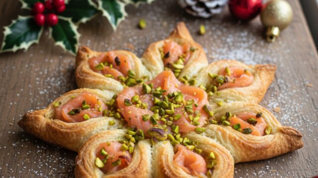 Elegante stella di sfoglia salata ripiena di salmone affumicato e decorata con granella di pistacchio su un piatto natalizio.