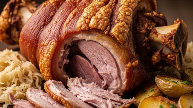 Stinco di maiale bavarese intero, cotto al forno, con pelle croccante e lucida, su piatto di ceramica scura.