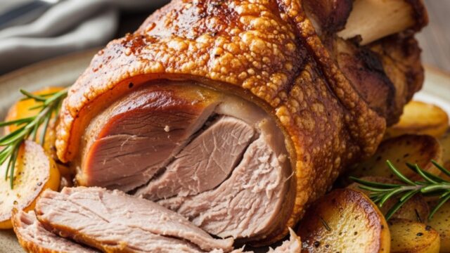 Stinco di maiale arrosto succulento con patate dorate croccanti, servito su piatto rustico per una cena veloce.