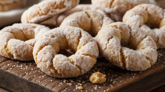 Primo piano di taralli dolci rustici con glassa bianca e anice, disposti su un tagliere di legno.