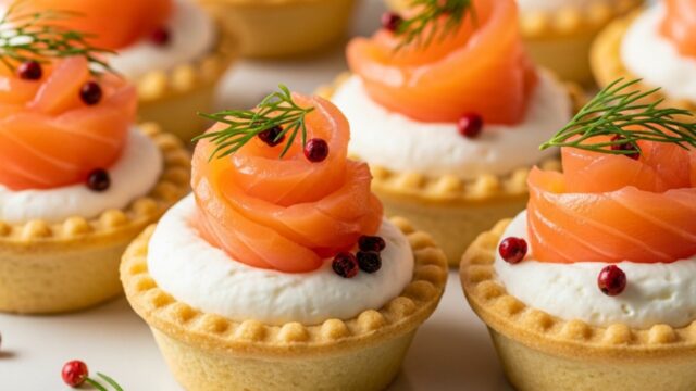 Eleganti tartellette salate ripiene di mousse al formaggio e spirali di salmone affumicato, perfette come antipasto di Capodanno.