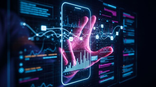 Mano che tocca un ologramma luminoso che svela la struttura nascosta dell'algoritmo di TikTok.