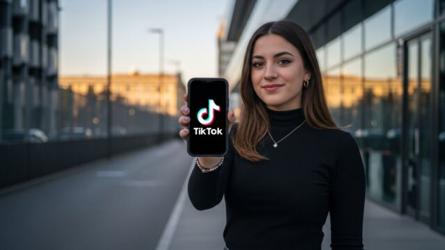 Giovane creator italiana di TikTok che tiene in mano un telefono con un logo di TikTok stilizzato, in una scena moderna e ben illuminata.