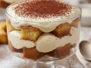 Tiramisù di pandoro per tutti: la ricetta a prova di bambino con crema senza uova crude Porzione di tiramisù di pandoro a strati in coppa di vetro con crema senza uova, spolverata di cacao.
