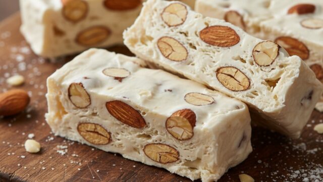 Fette di torrone bianco lucido fatto in casa con mandorle intere su tagliere rustico.
