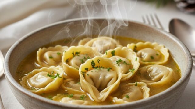 Tortellini freschi fatti a mano in brodo caldo serviti in ciotola di ceramica, pronti per il pranzo di Natale.