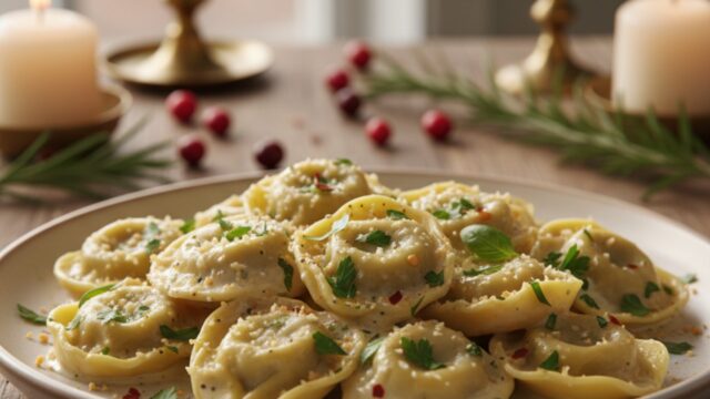 Tortellini in un primo piatto ricco e cremoso, serviti su un piatto rustico per il pranzo di Santo Stefano.