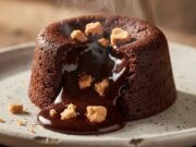 L’anima calda del cioccolato: tortino fuso e il cuore segreto al torrone croccante Tortino al cioccolato fuso che si apre, il ripieno di torrone caldo cola sul piatto bianco.