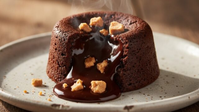 Tortino al cioccolato fuso che si apre, il ripieno di torrone caldo cola sul piatto bianco.