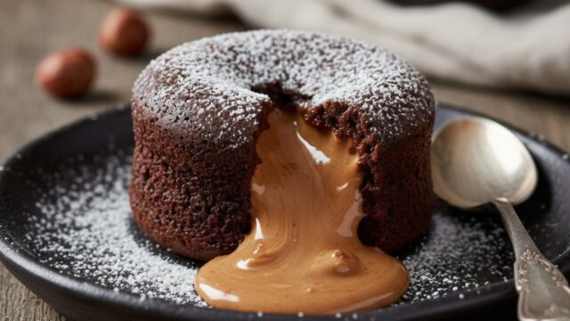 Tortino al cioccolato fondente con cuore caldo di torrone morbido fuso, servito su piatto rustico.