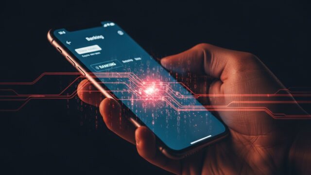 Primo piano sullo smartphone infetto: fili rossi e codice binario rappresentano il trojan bancario.