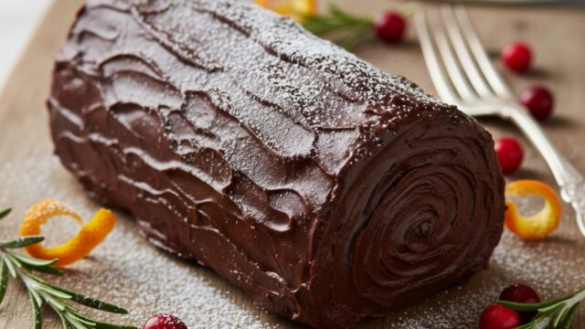 Tronchetto dolce natalizio, ricoperto di glassa al cioccolato fondente e decorazioni di Natale, alternativa al panettone.