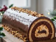 La magia del Natale: tronchetto nocciola e caffè con glassa a specchio per le feste Tronchetto di Natale al caffè e nocciola ricoperto da una lucida glassa a specchio, con decorazioni festive.