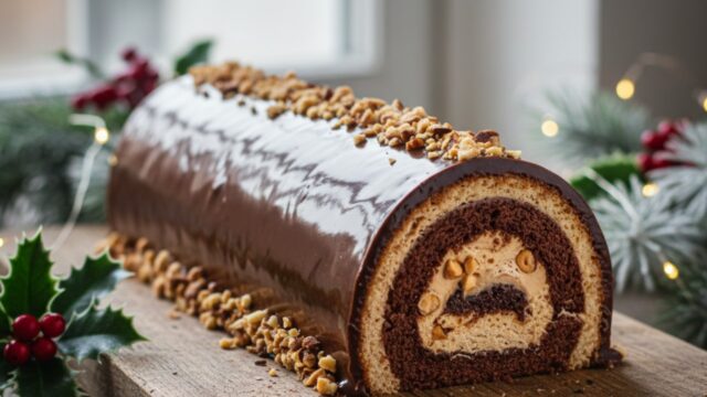 Tronchetto di Natale al caffè e nocciola ricoperto da una lucida glassa a specchio, con decorazioni festive.