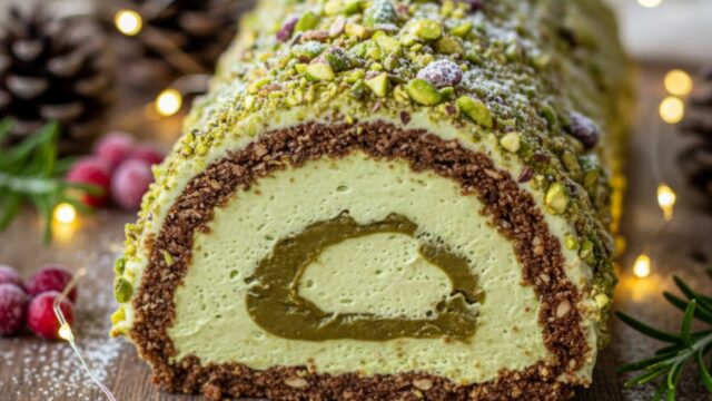 Tronchetto di Natale al pistacchio senza cottura, fetta in primo piano, con ripieno cremoso e granella verde.