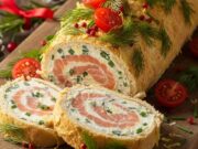 Tronchetto di Natale Salato al Salmone: la ricetta senza cottura che ti farà fare un figurone (pronto in 15 minuti) Tronchetto di Natale salato ripieno di mousse al salmone, decorato con aneto e servito su tagliere rustico.
