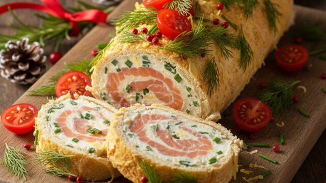 Tronchetto di Natale salato ripieno di mousse al salmone, decorato con aneto e servito su tagliere rustico.