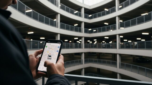 Parcheggio sotterraneo. Una persona trova l'auto sul telefono con Google Maps.