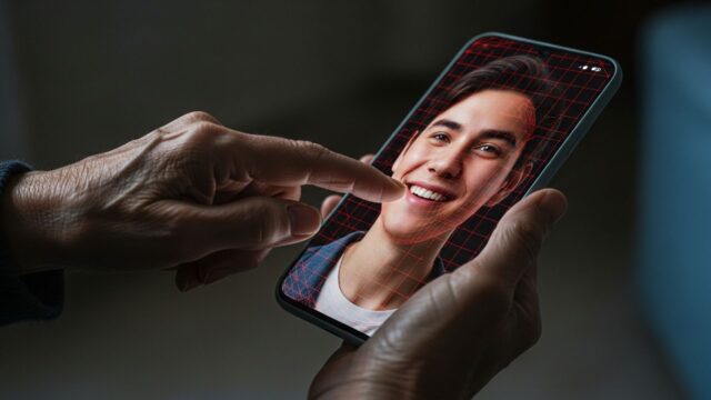 Mano anziana verso uno schermo. L'immagine del finto nipote è un glitch digitale.