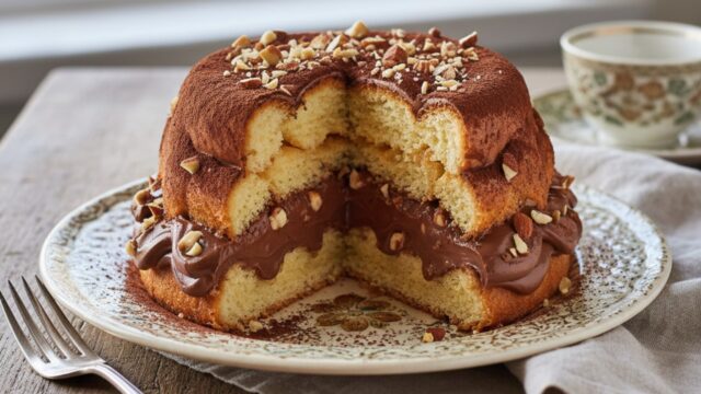 Zuccotto di Pandoro a cupola, farcito con crema ricca al cioccolato e nocciole tritate, su piatto elegante.