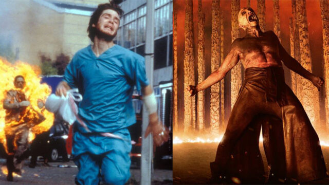 Confronto tra Cillian Murphy in 28 giorni dopo e un infetto nel film 28 anni dopo Il tempio delle ossa