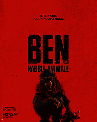 Locandina del film Ben - Rabbia animale: su sfondo rosso sangue, uno scimpanzé inquietante stringe un orsacchiotto