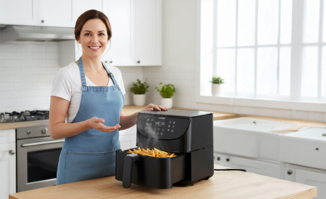 Friggitrice ad aria Cosori 5.5L in funzione: cestello quadrato aperto con patatine fritte fumanti durante la prova di cottura