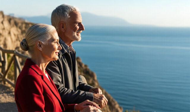 Coppia anziana interrazziale seduta su una panchina con le mani unite, sorridendo.