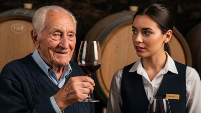 Anziano signore sorridente brinda con un calice di vino rosso Brunello di Montalcino accanto a una sommelier in una cantina storica con botti di rovere.