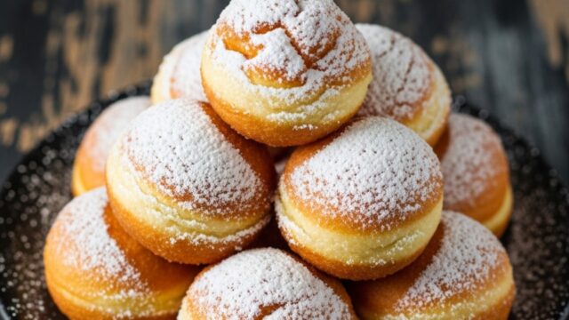 Bomboloni veloci alla ricotta fritti, dorati e sofficissimi, spolverati con abbondante zucchero a velo.