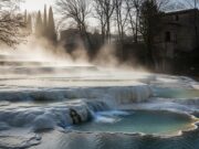 Fuga d’inverno: borghi termali gratis, le mete segrete per rilassarsi Foto atmosferica di terme naturali libere (cascate o pozze) in un borgo italiano in inverno, con vapore che sale dall'acqua calda.
