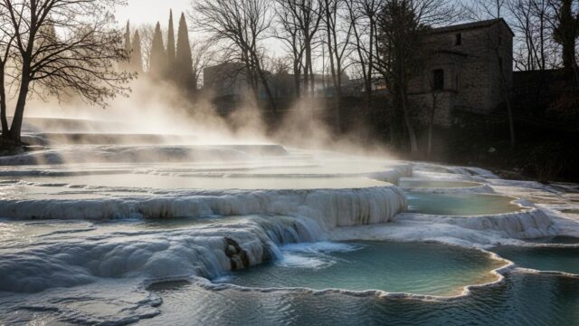 Foto atmosferica di terme naturali libere (cascate o pozze) in un borgo italiano in inverno, con vapore che sale dall'acqua calda.