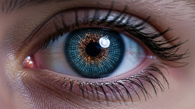 Primo piano di un occhio. L'iride è un vortice di codice binario e circuiti digitali corrotti.