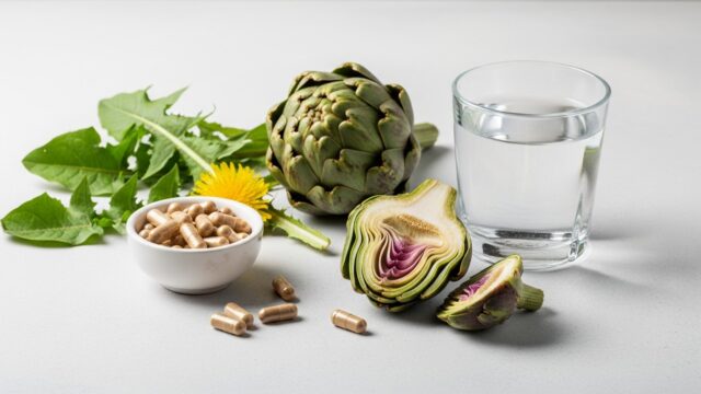 Integratori naturali e verdure fresche che supportano la funzione detox del fegato e dell'intestino dopo le feste.