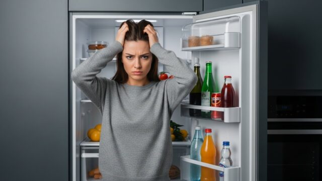 Donna che si tocca la testa frustrata davanti al frigorifero, simboleggiando gli errori comuni nella dieta post-feste.