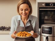 Forno o friggitrice ad aria? Test definitivo su croccantezza e consumi (2026) Donna sorridente di mezza età in cucina che osserva un piatto di cibo croccante, con una friggitrice ad aria moderna sul bancone e il forno tradizionale sullo sfondo.