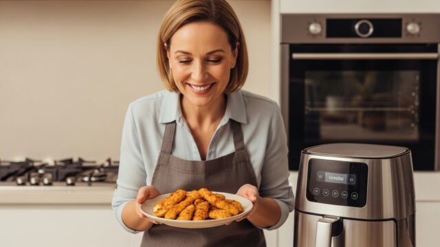 Donna sorridente di mezza età in cucina che osserva un piatto di cibo croccante, con una friggitrice ad aria moderna sul bancone e il forno tradizionale sullo sfondo.